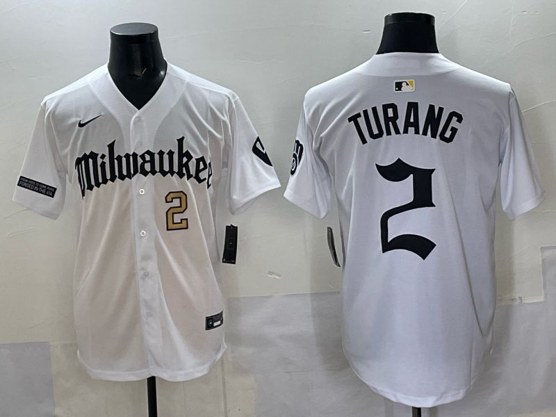 Men 2025 Milwaukee Brewers #2 Turang White Five generations Joint Name Nike MLB Jersey style 6->milwaukee brewers->MLB Jersey